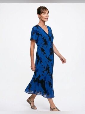 Mlle Gabrielle Blue & Black Floral Wrap-Style Midi Dress